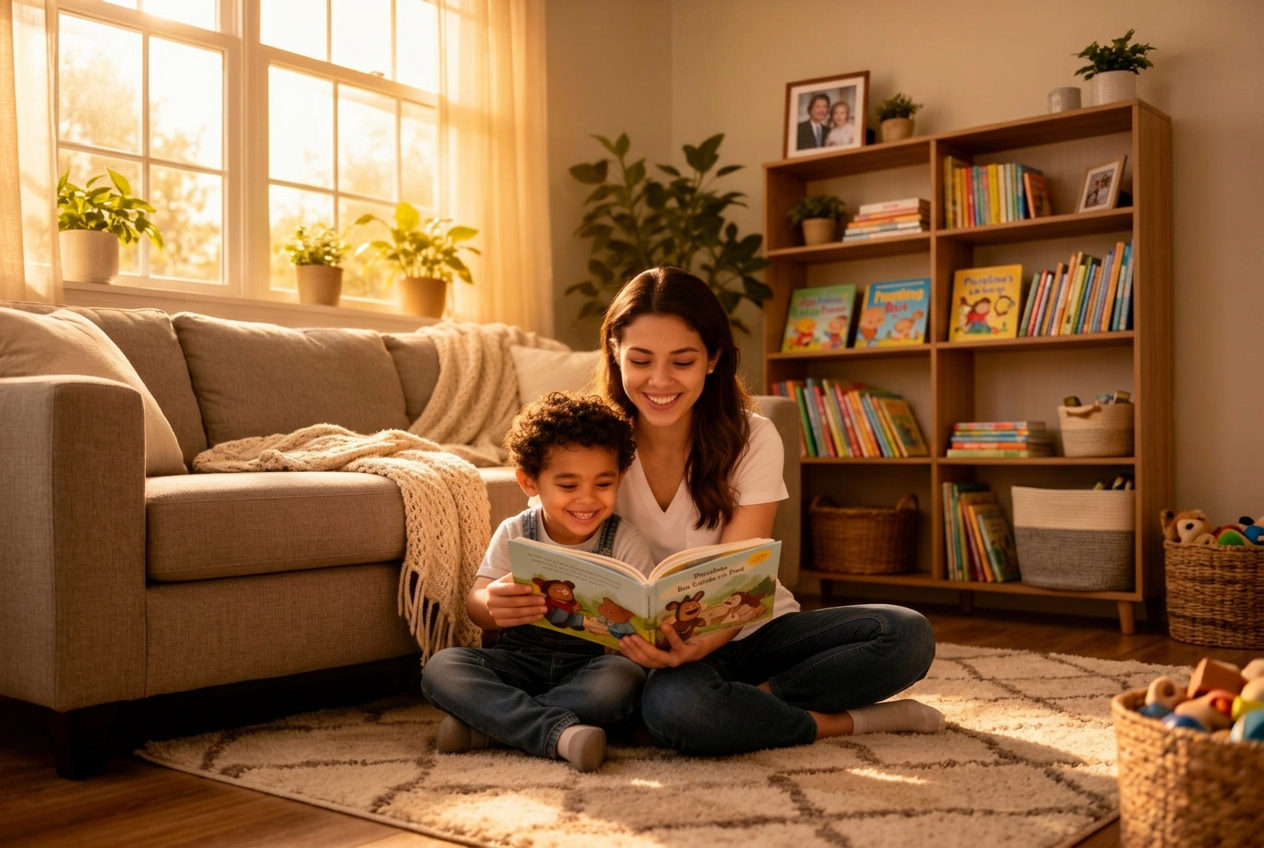 Professional caregiver reading to a child